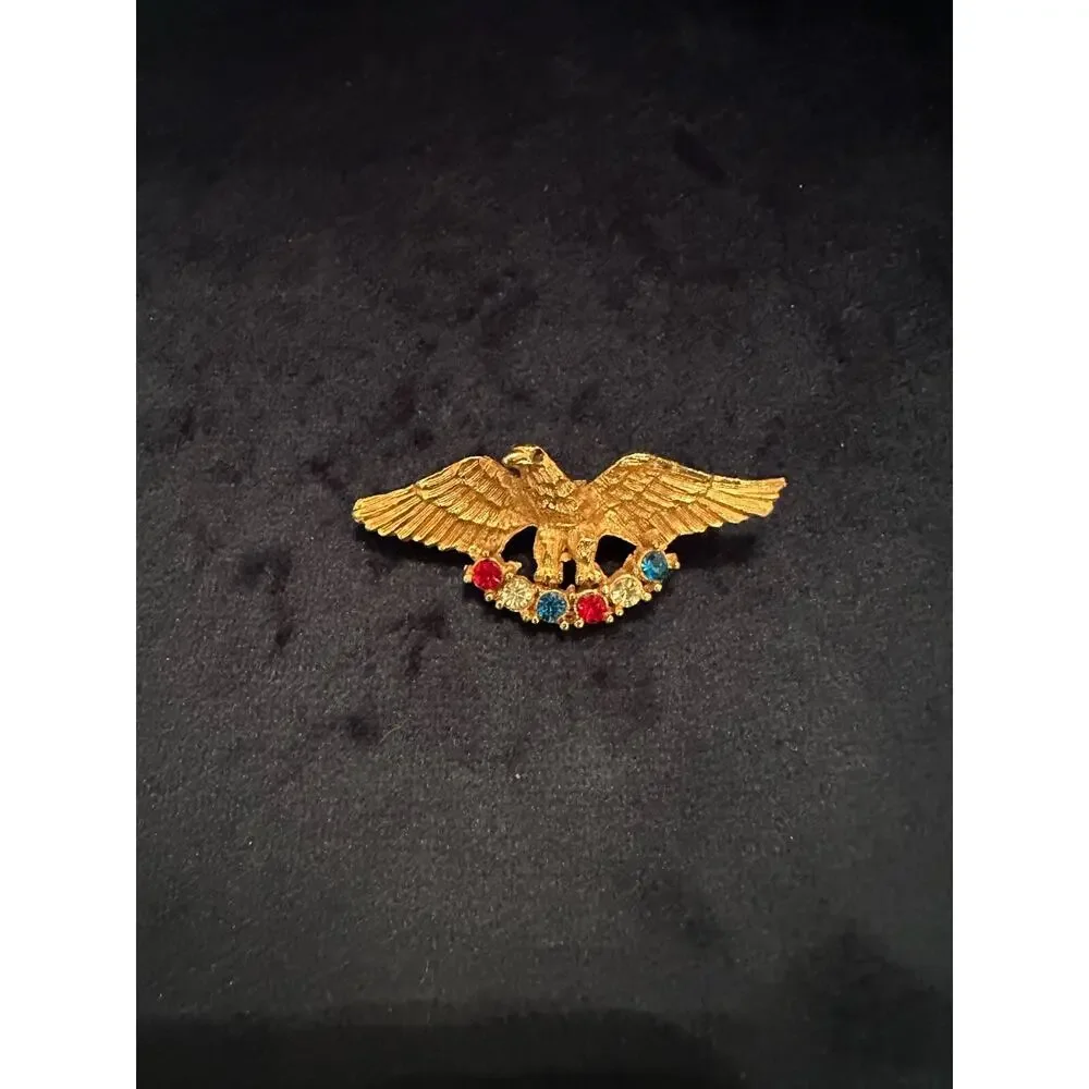 Vintage‎ Eagle Gold Tone Pin Brooch Red White Blue Rhinestones Patriotic